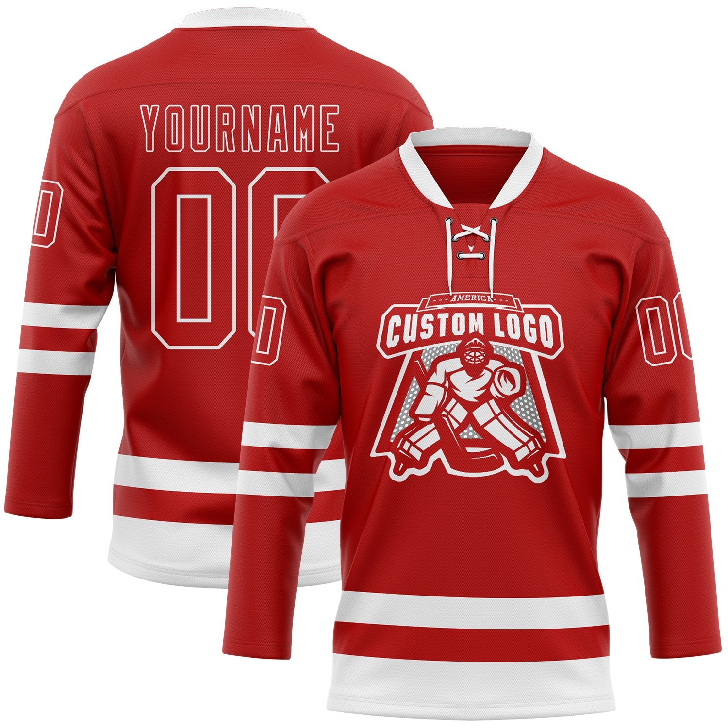Custom Red White Hockey Lace Neck Jersey view 2