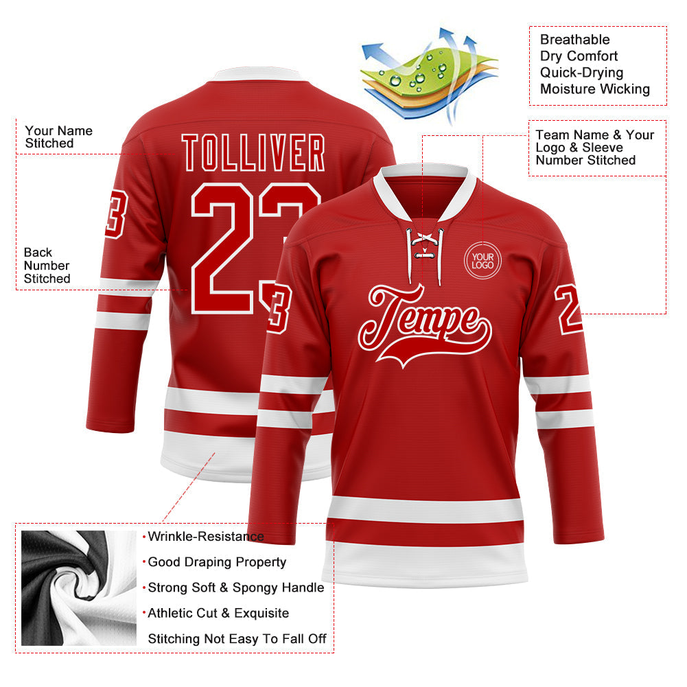 Custom Red White Hockey Lace Neck Jersey view 3