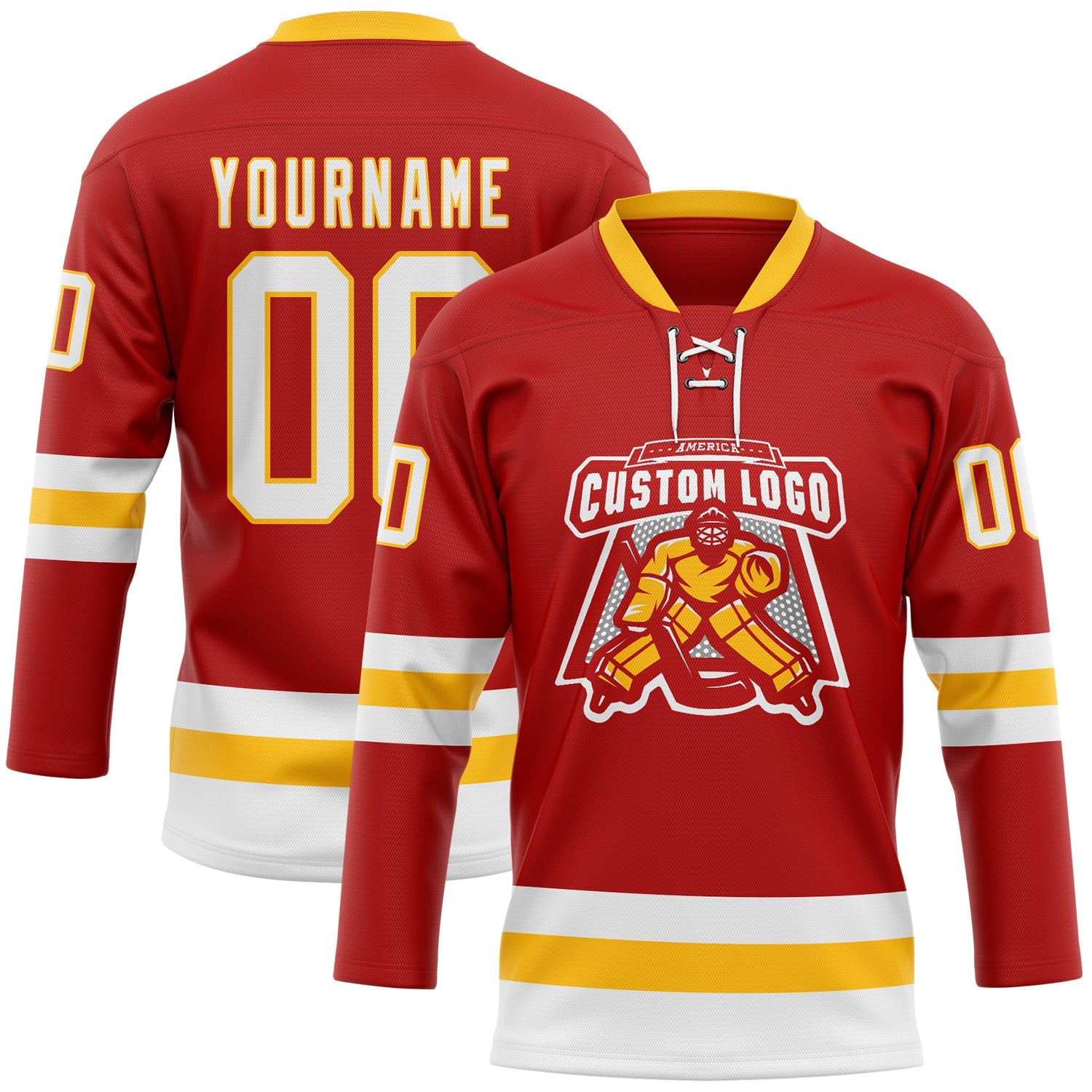 Custom Red White-Gold Hockey Lace Neck Jersey view 2