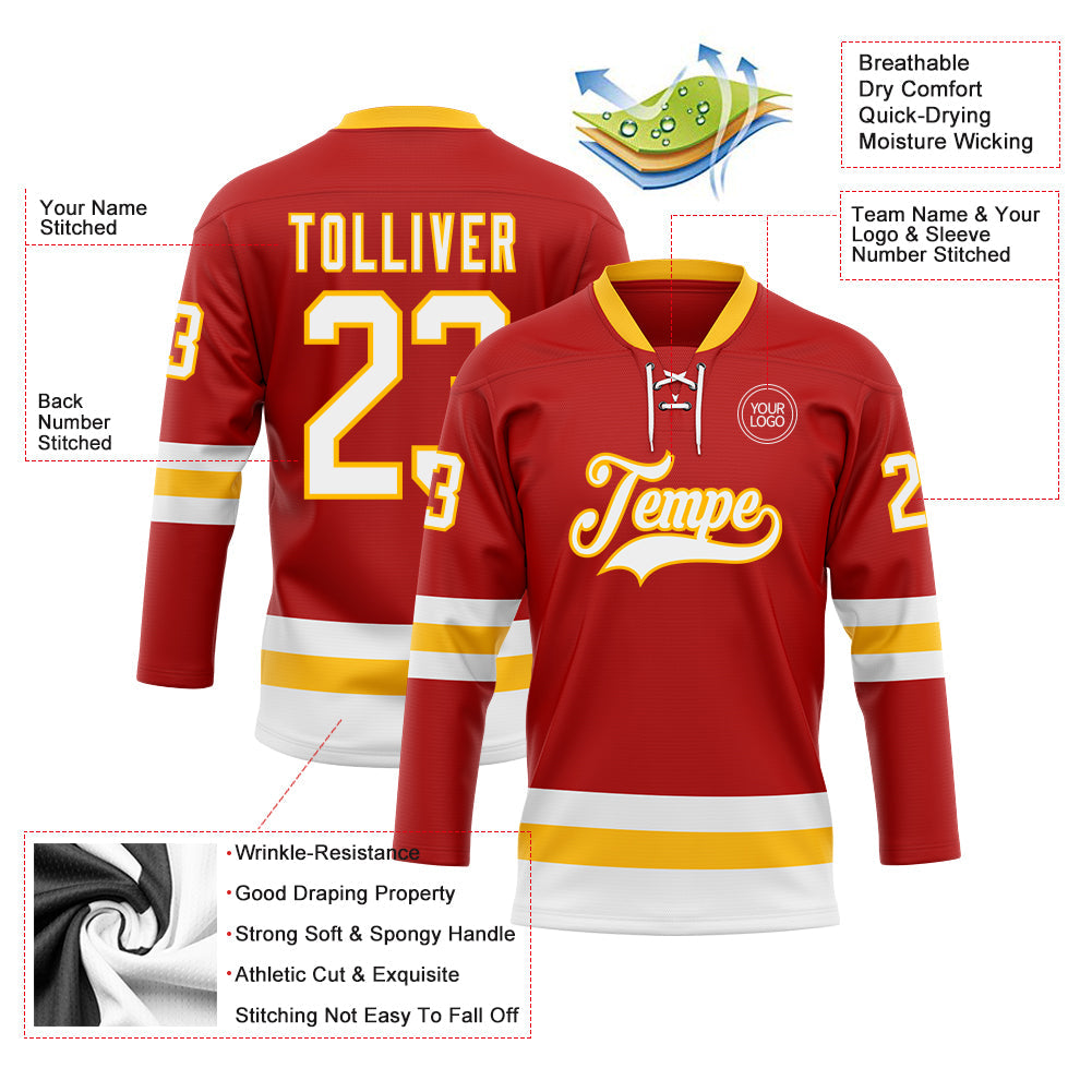 Custom Red White-Gold Hockey Lace Neck Jersey view 3