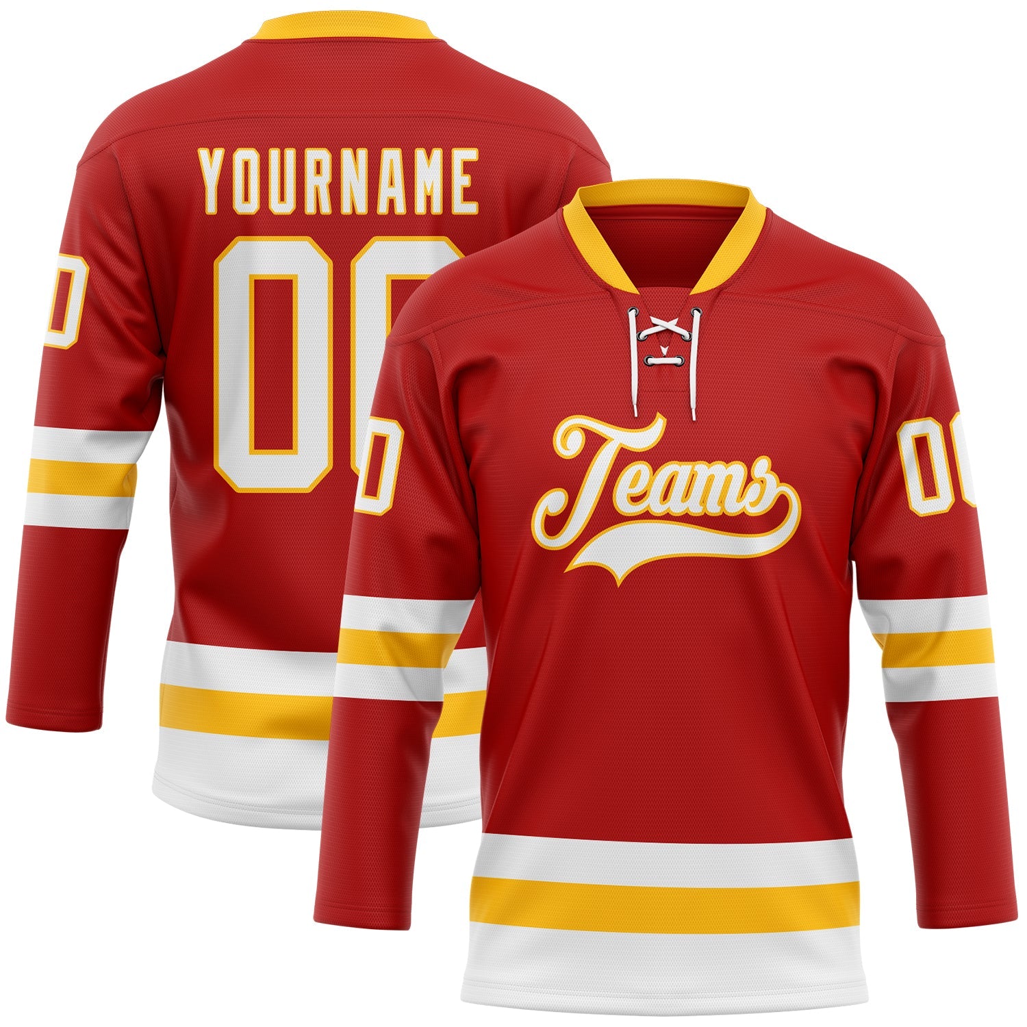 Custom Red White-Gold Hockey Lace Neck Jersey - Main View