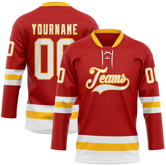 Custom Red White-Gold Hockey Lace Neck Jersey - Main View