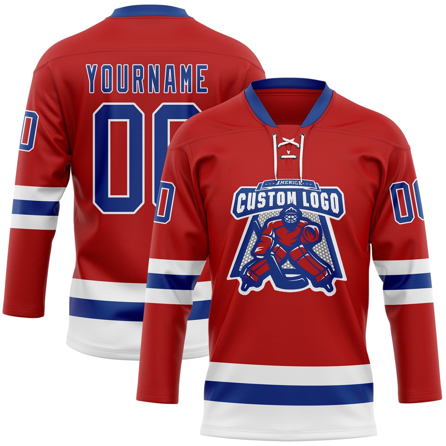 Custom Red Royal-White Hockey Lace Neck Jersey view 2