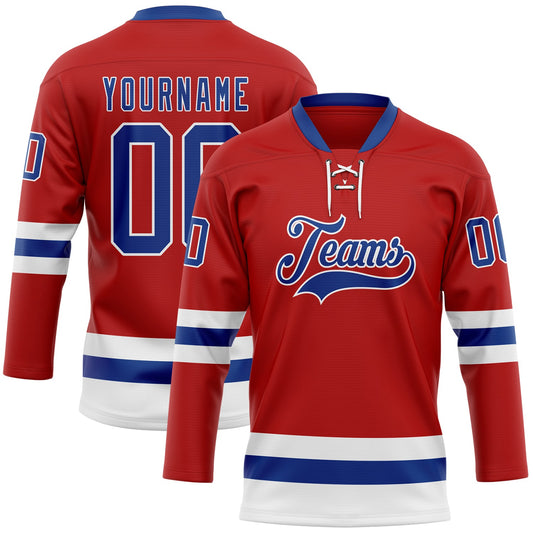 Custom Red Royal-White Hockey Lace Neck Jersey - Main View