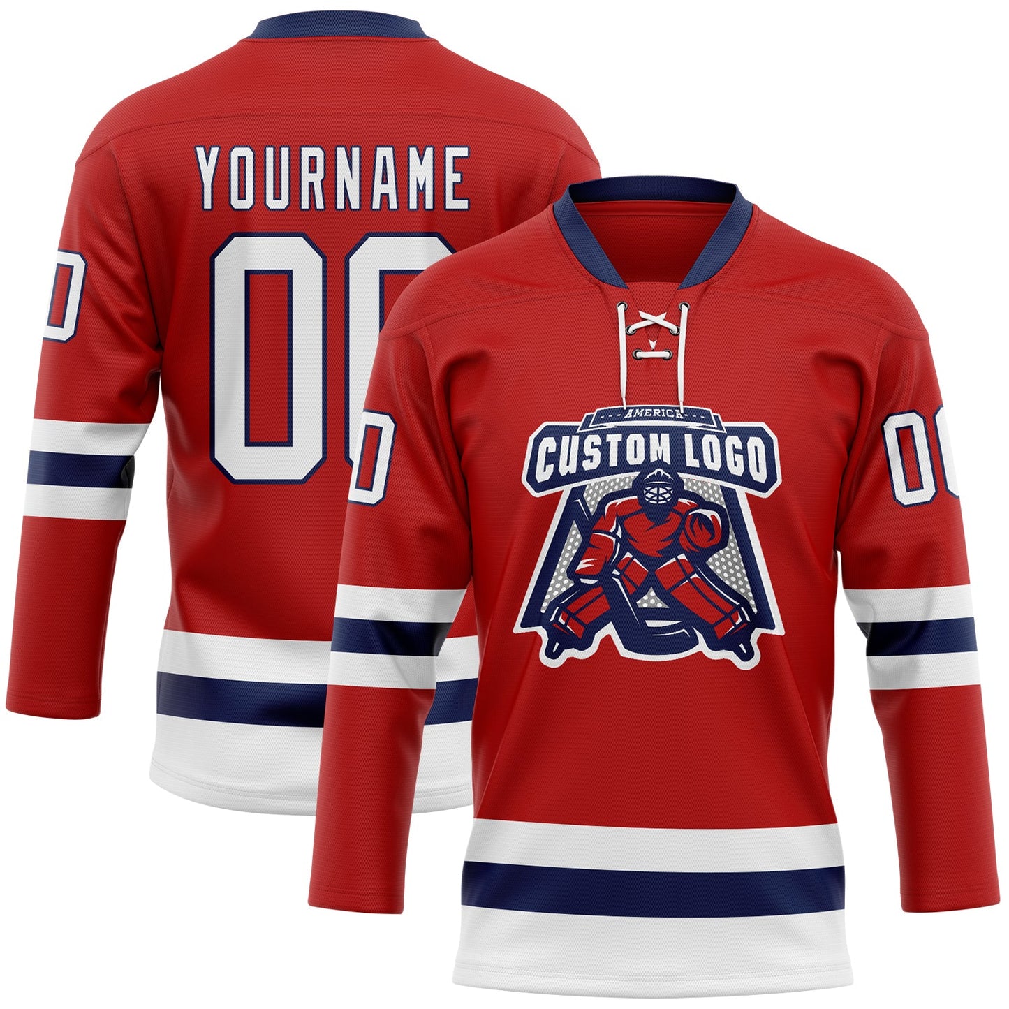 Custom Red White-Navy Hockey Lace Neck Jersey view 2