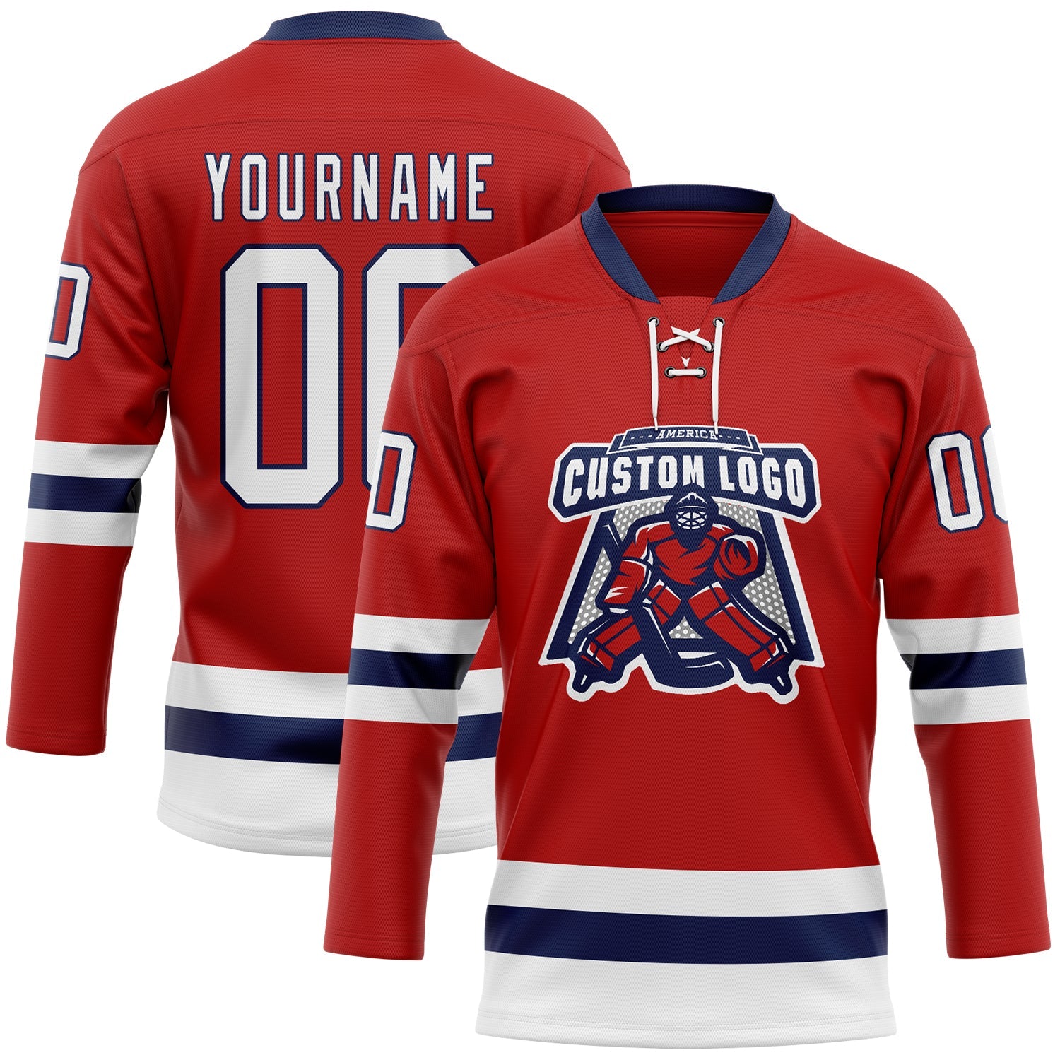 Custom Red White-Navy Hockey Lace Neck Jersey view 2