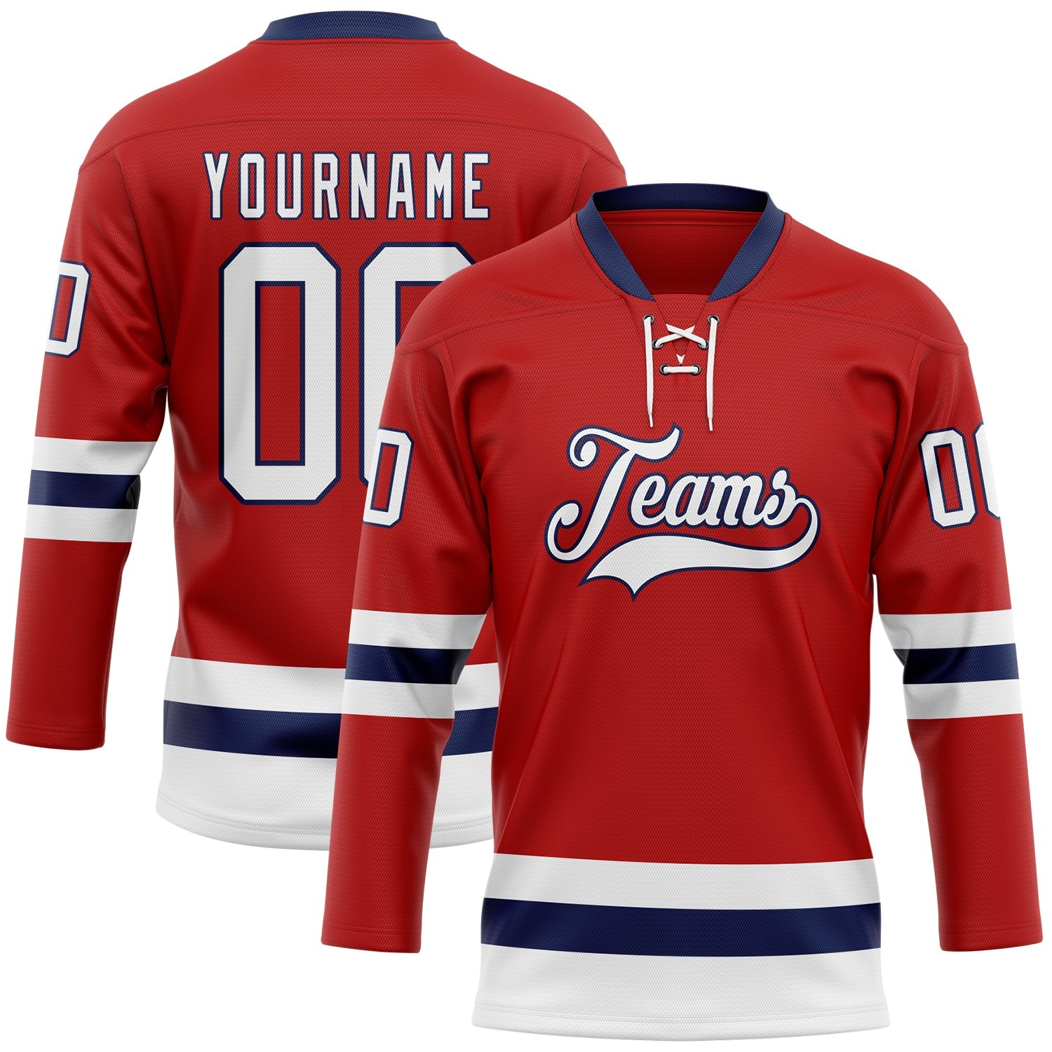 Custom Red White-Navy Hockey Lace Neck Jersey - Main View