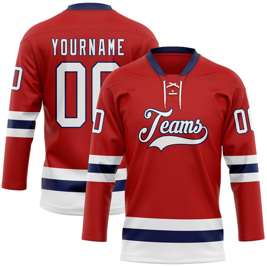 Custom Red White-Navy Hockey Lace Neck Jersey - Main View