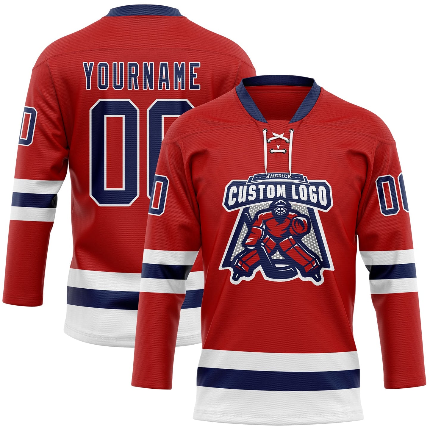 Custom Red Navy-White Hockey Lace Neck Jersey view 2