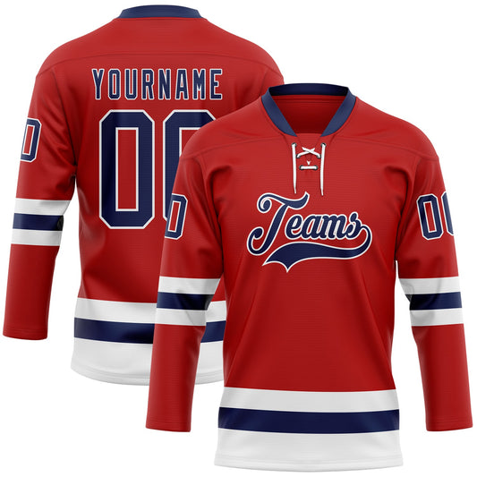 Custom Red Navy-White Hockey Lace Neck Jersey - Main View