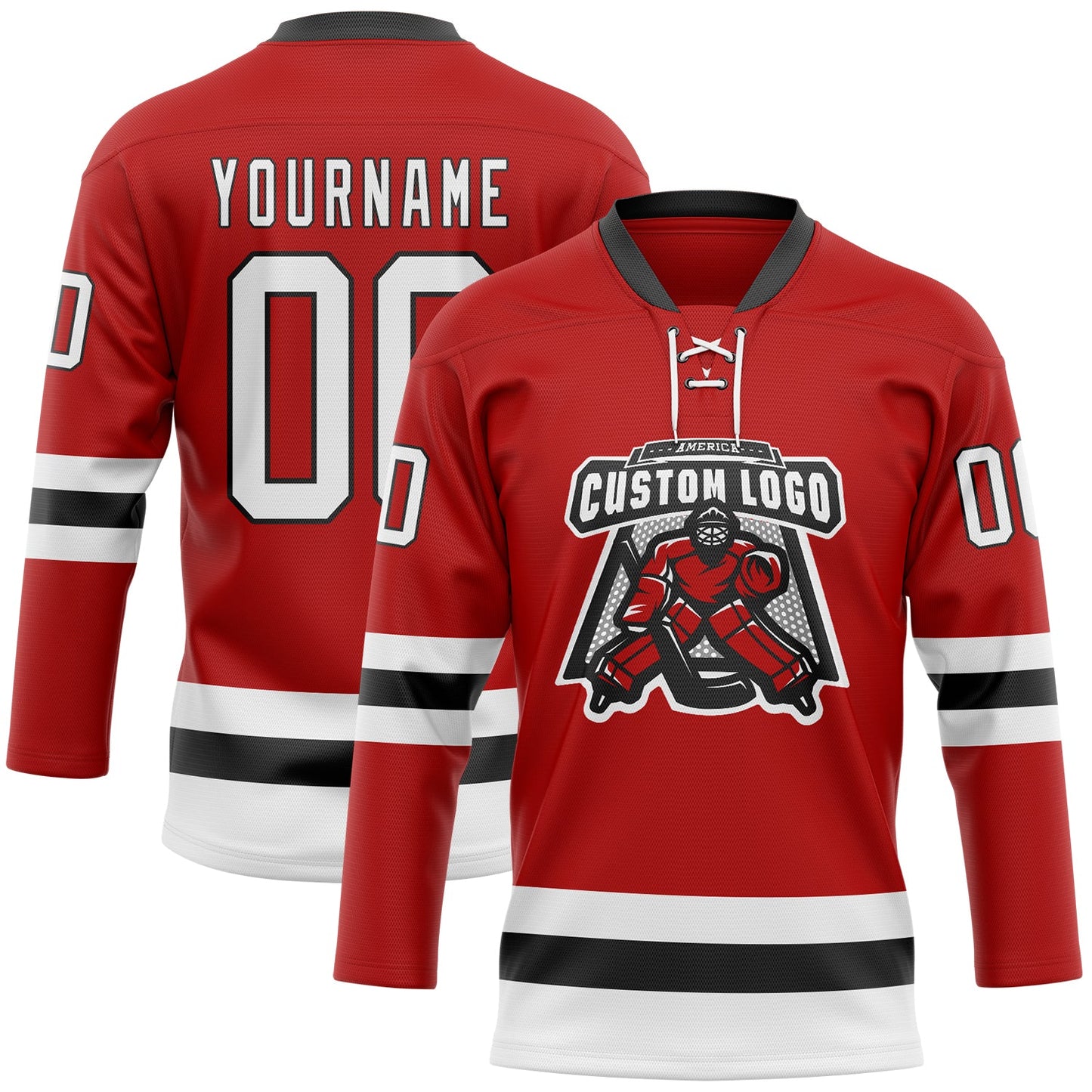 Custom Red White-Black Hockey Lace Neck Jersey view 2