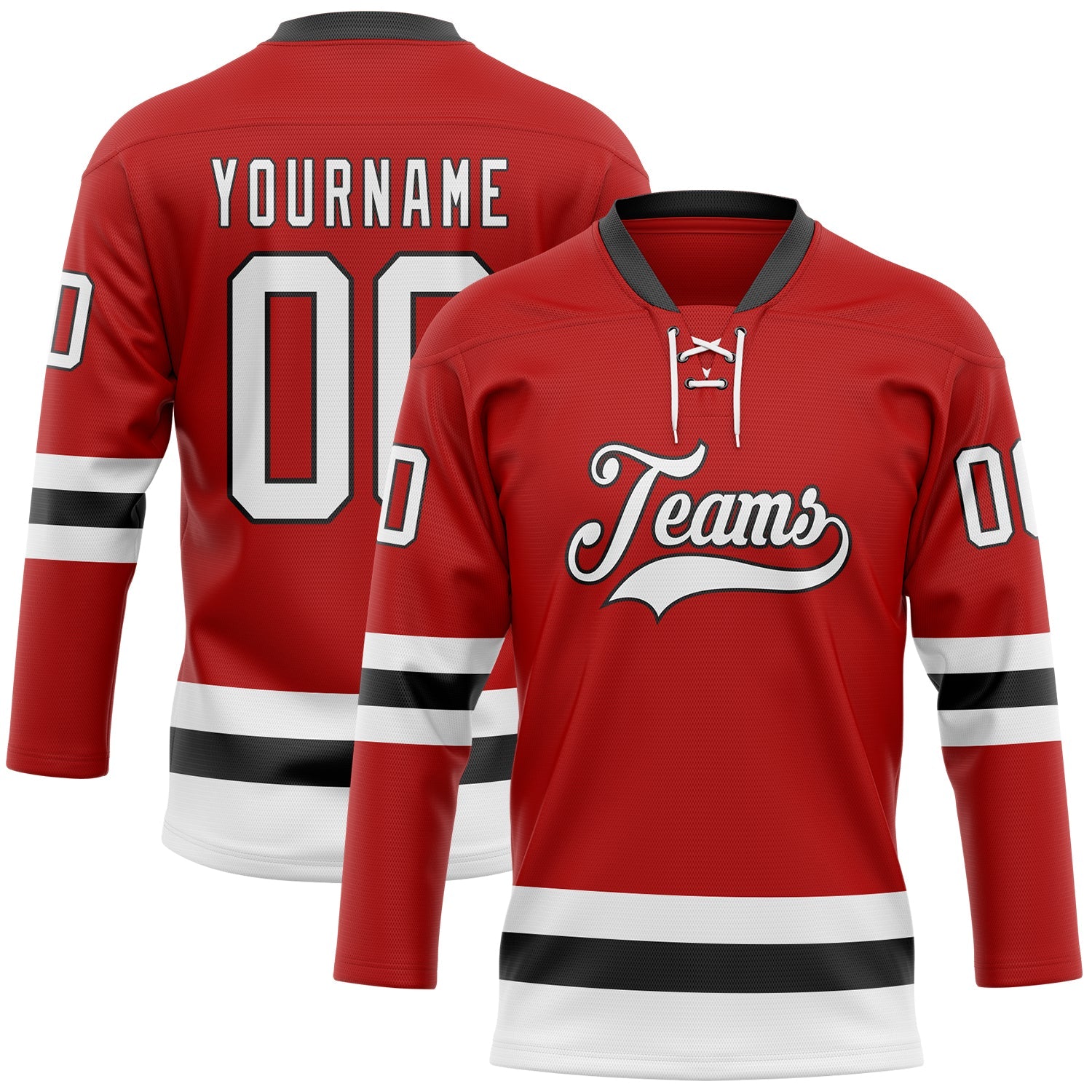Custom Red White-Black Hockey Lace Neck Jersey - Main View