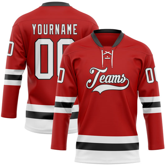 Custom Red White-Black Hockey Lace Neck Jersey - Main View