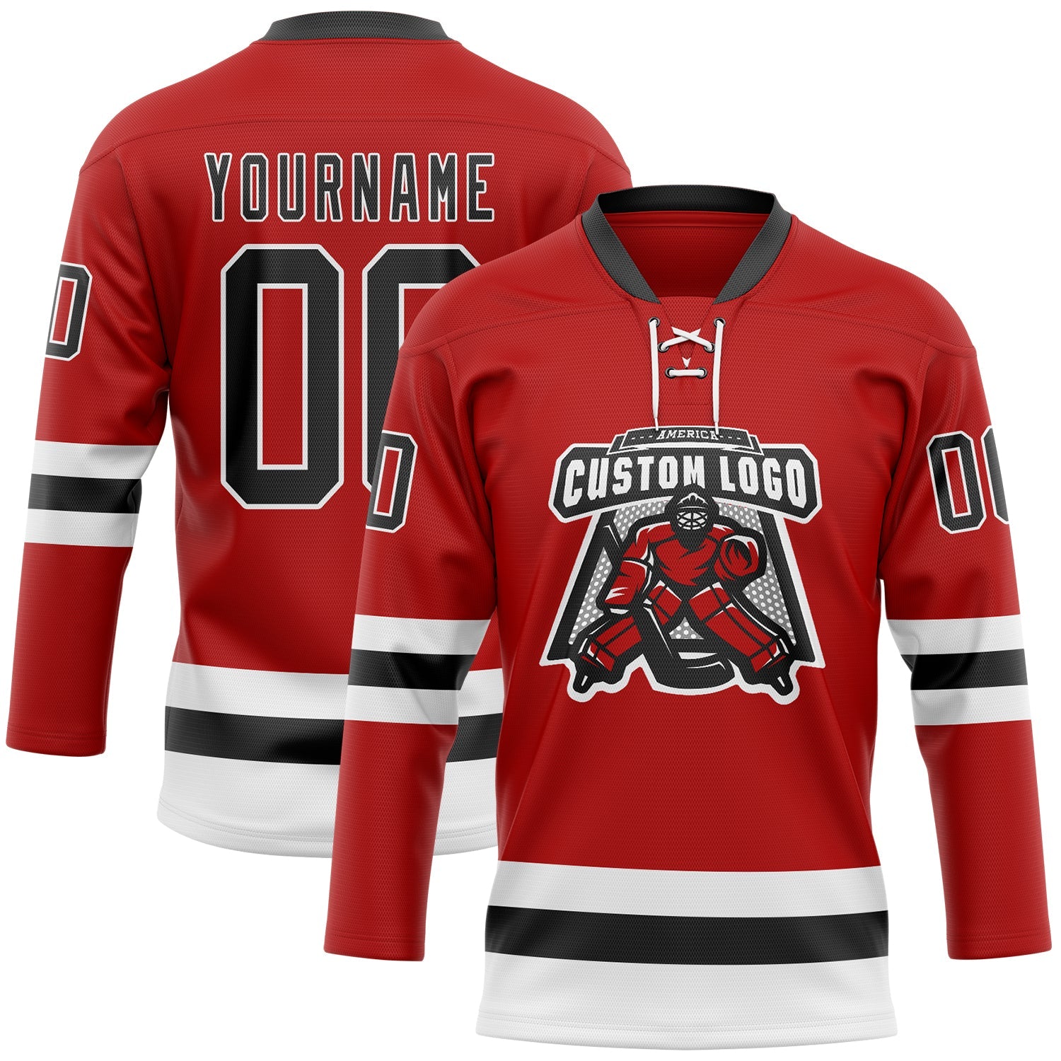 Custom Red Black-White Hockey Lace Neck Jersey view 2