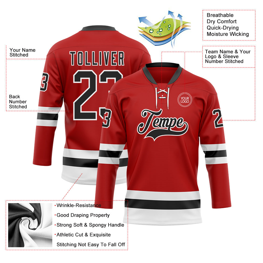 Custom Red Black-White Hockey Lace Neck Jersey view 3