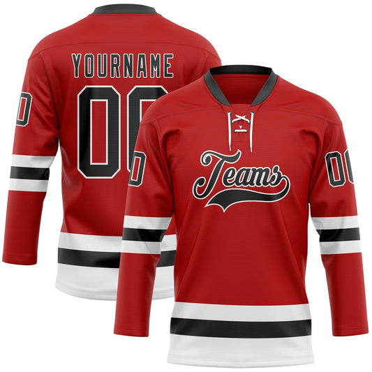 Custom Red Black-White Hockey Lace Neck Jersey - Main View