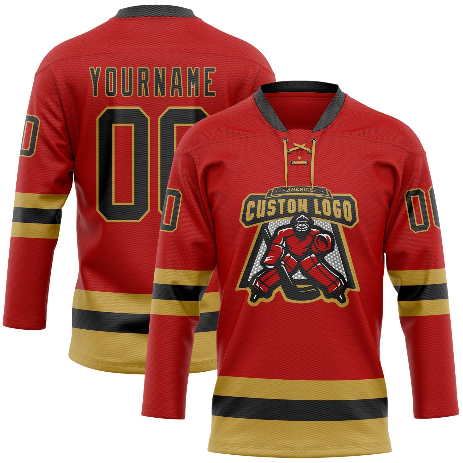 Custom Red Black-Old Gold Hockey Lace Neck Jersey view 2