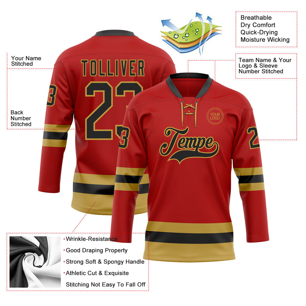 Custom Red Black-Old Gold Hockey Lace Neck Jersey view 3