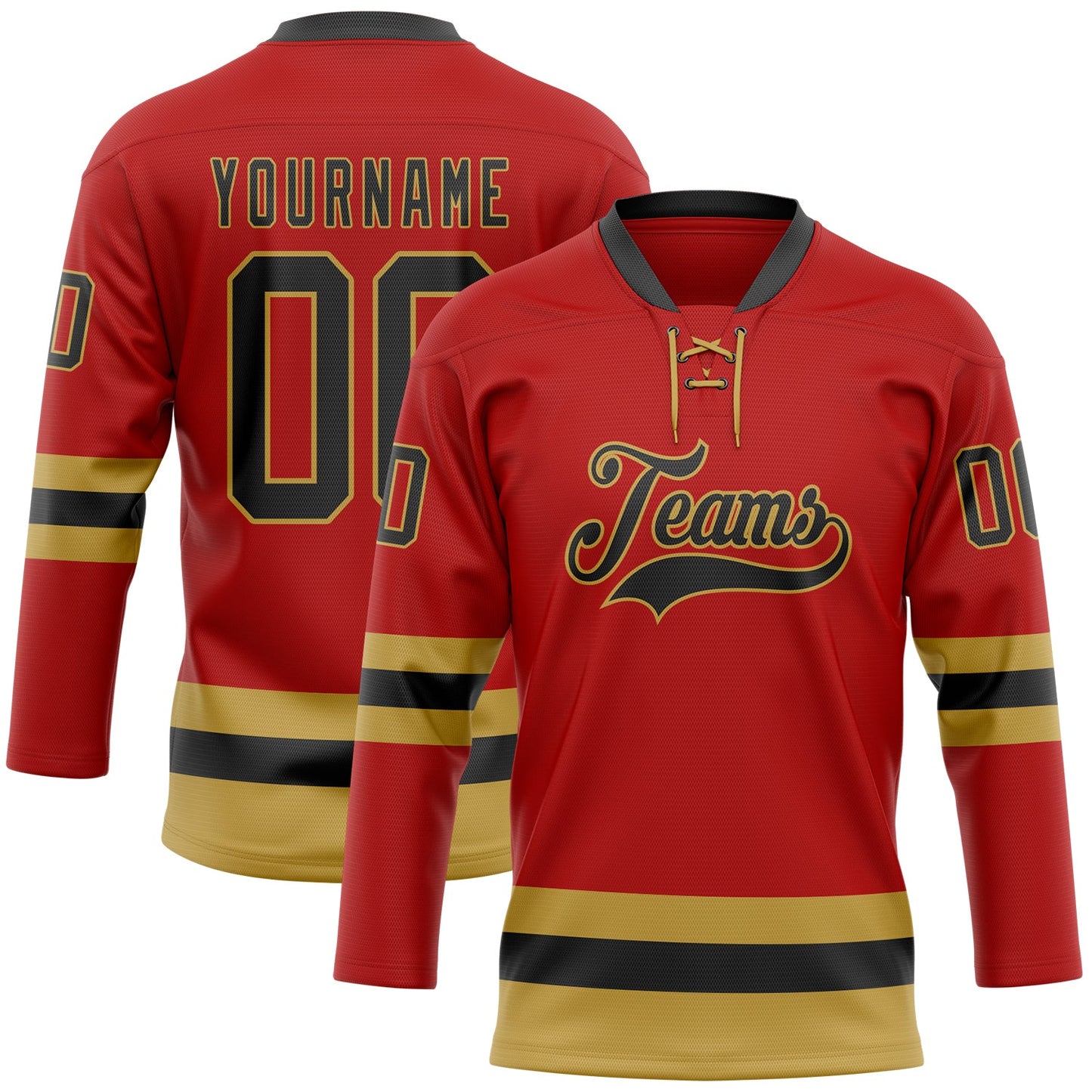 Custom Red Black-Old Gold Hockey Lace Neck Jersey - Main View
