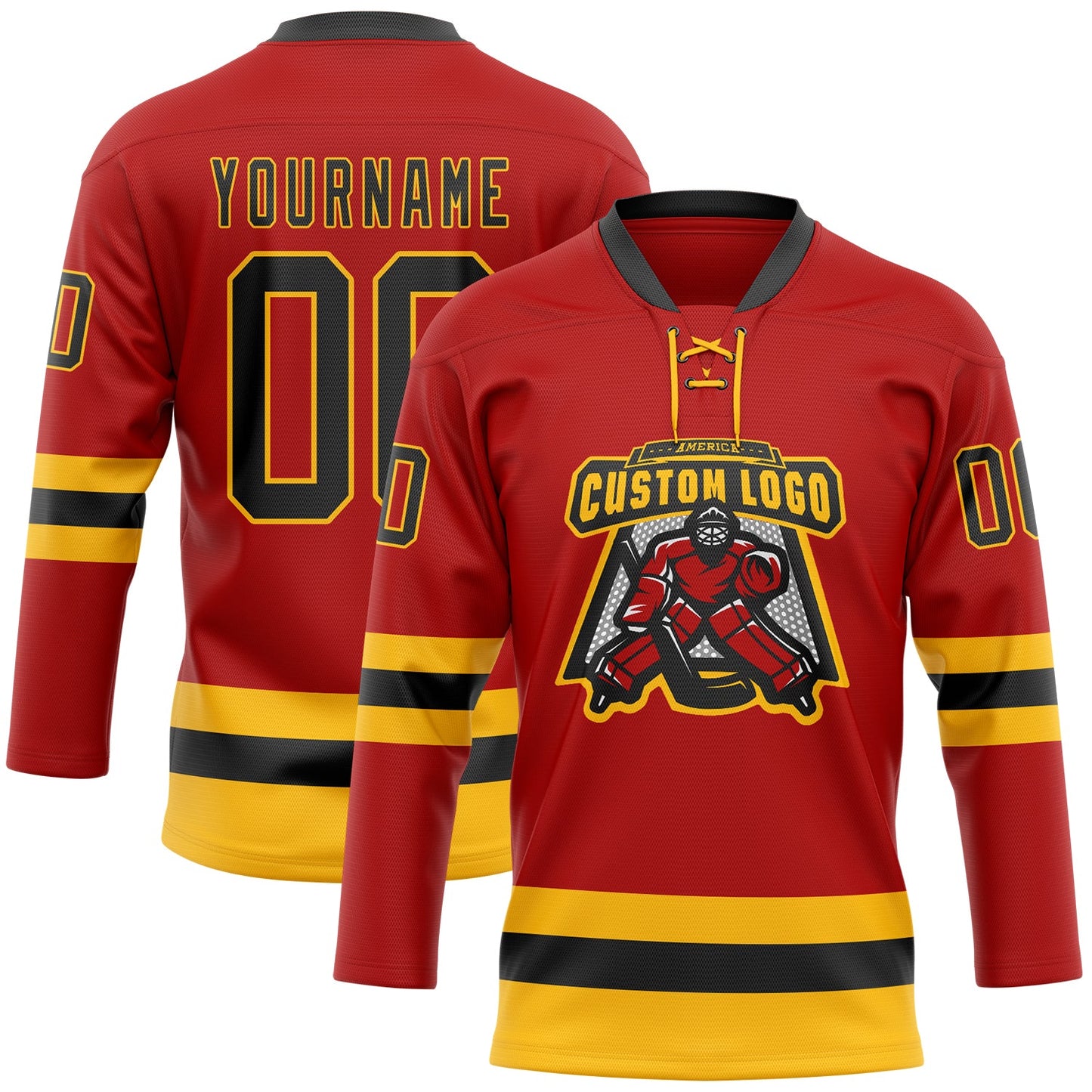 Custom Red Black-Gold Hockey Lace Neck Jersey view 2