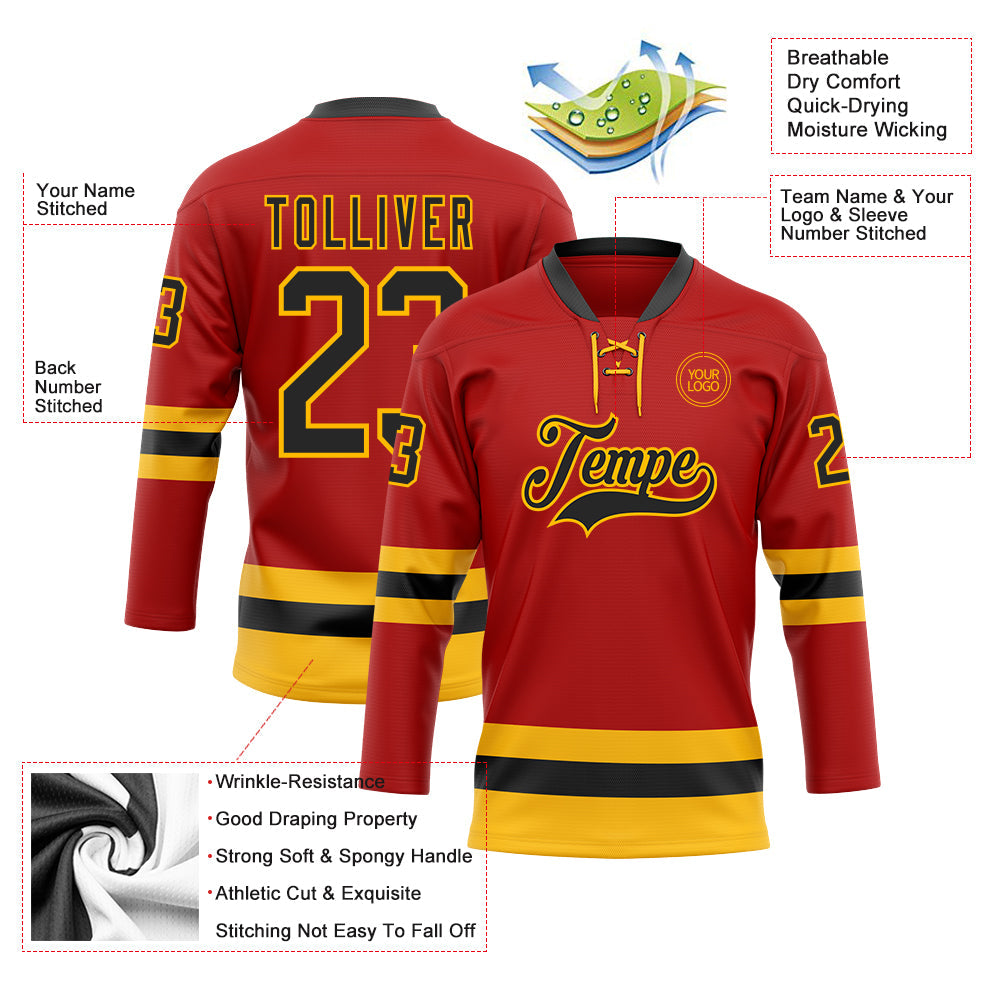 Custom Red Black-Gold Hockey Lace Neck Jersey view 3