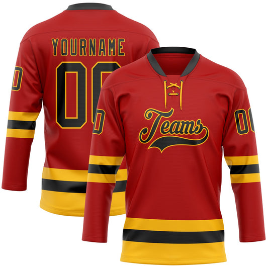 Custom Red Black-Gold Hockey Lace Neck Jersey - Main View
