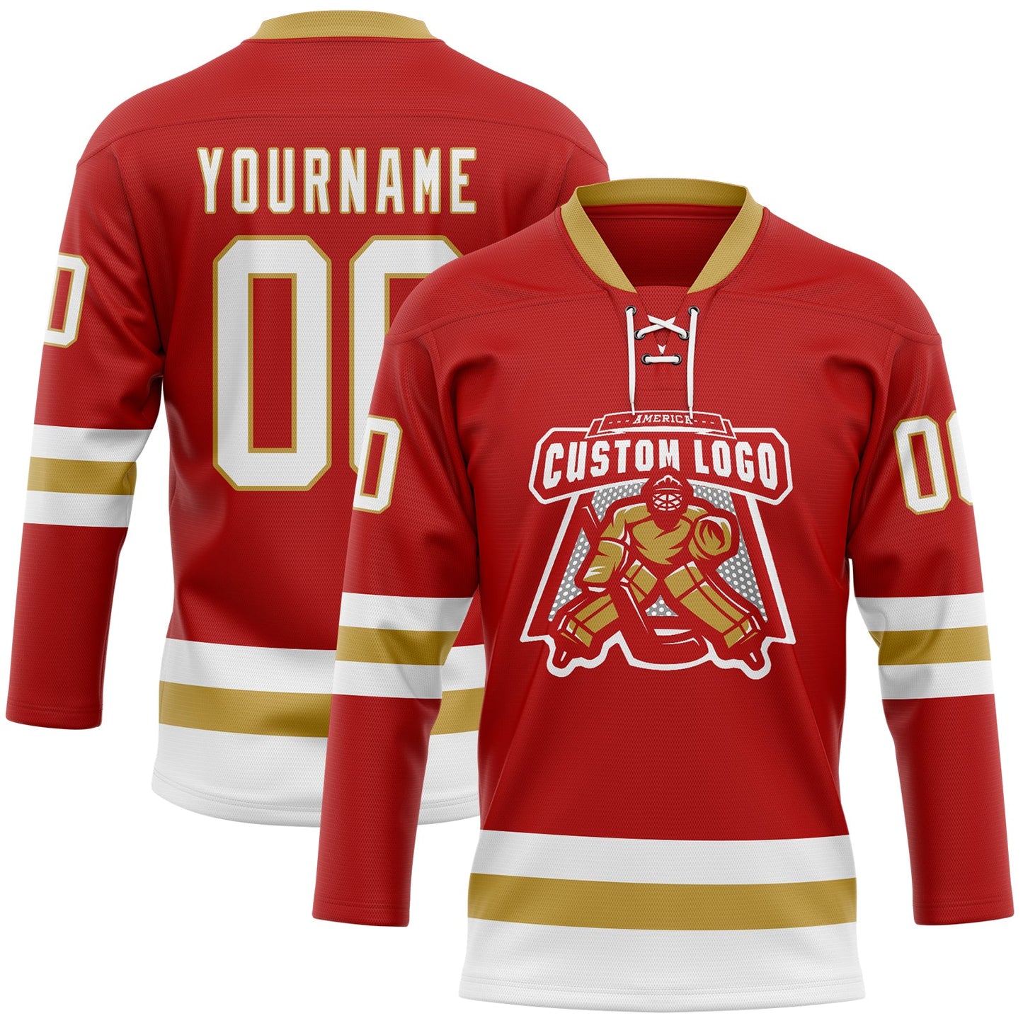 Custom Red White-Old Gold Hockey Lace Neck Jersey view 2