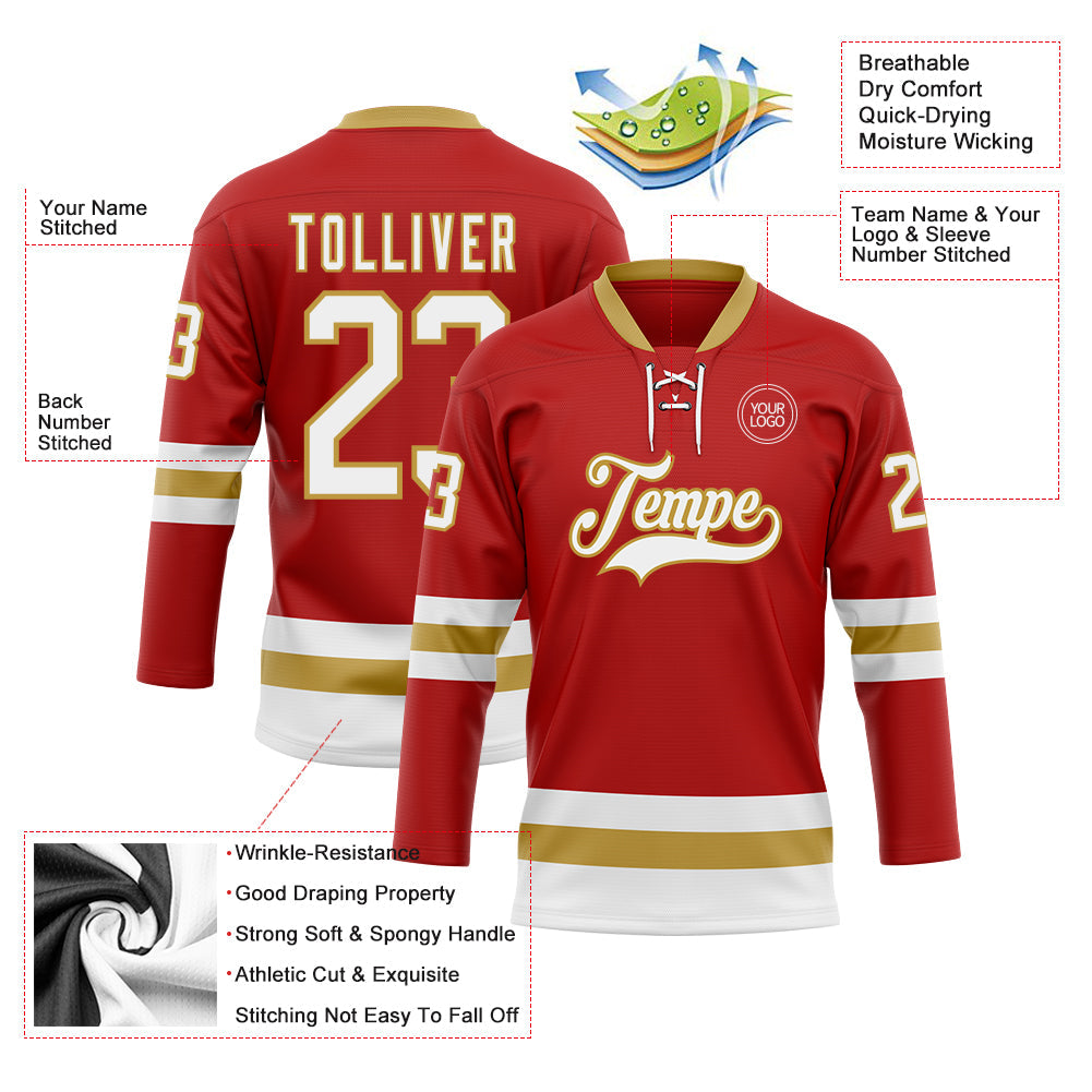Custom Red White-Old Gold Hockey Lace Neck Jersey view 3