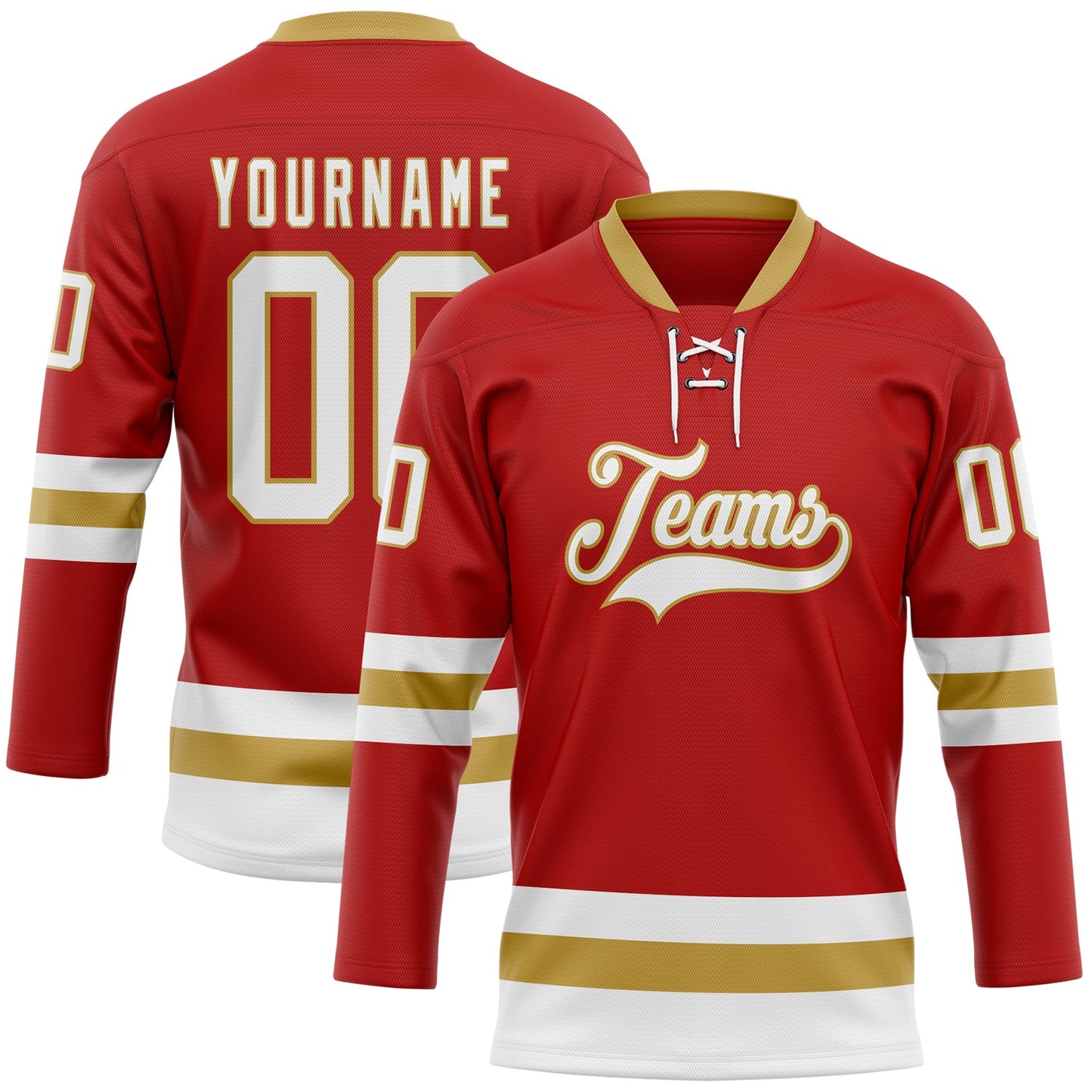 Custom Red White-Old Gold Hockey Lace Neck Jersey - Main View