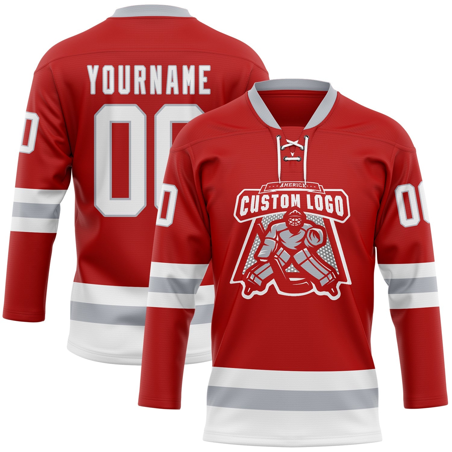 Custom Red White-Gray Hockey Lace Neck Jersey view 2