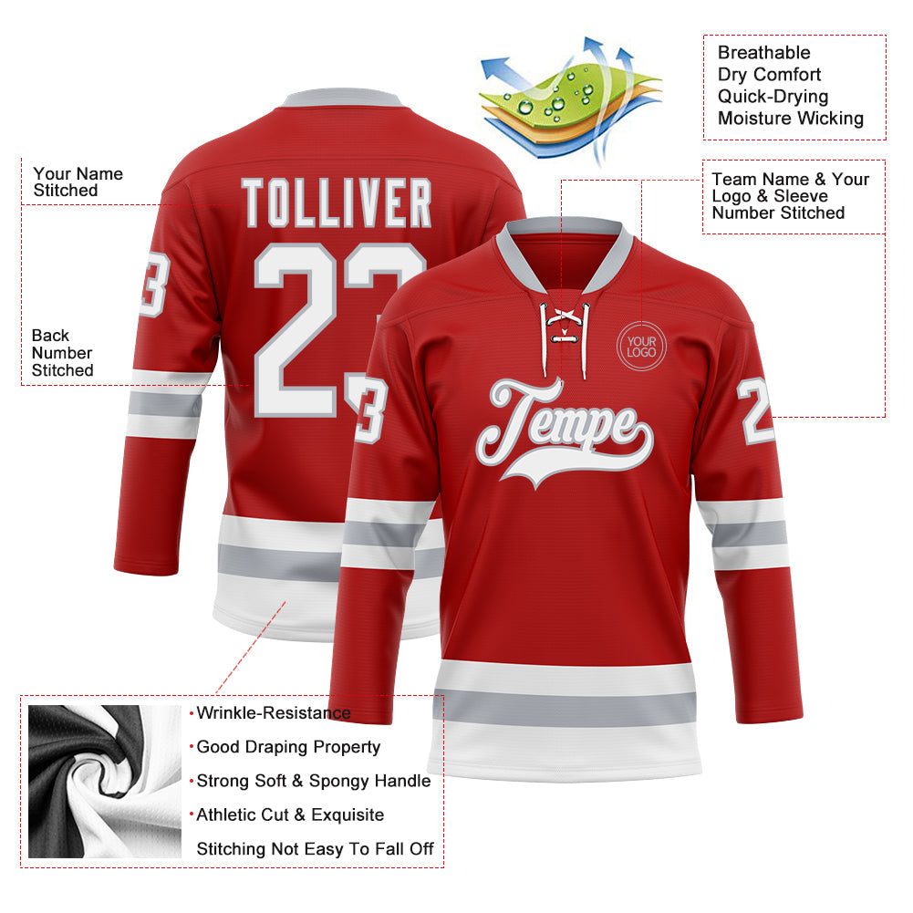 Custom Red White-Gray Hockey Lace Neck Jersey view 3