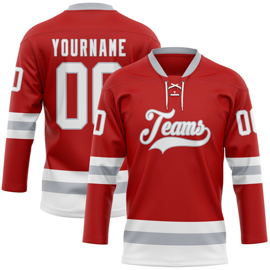 Custom Red White-Gray Hockey Lace Neck Jersey - Main View