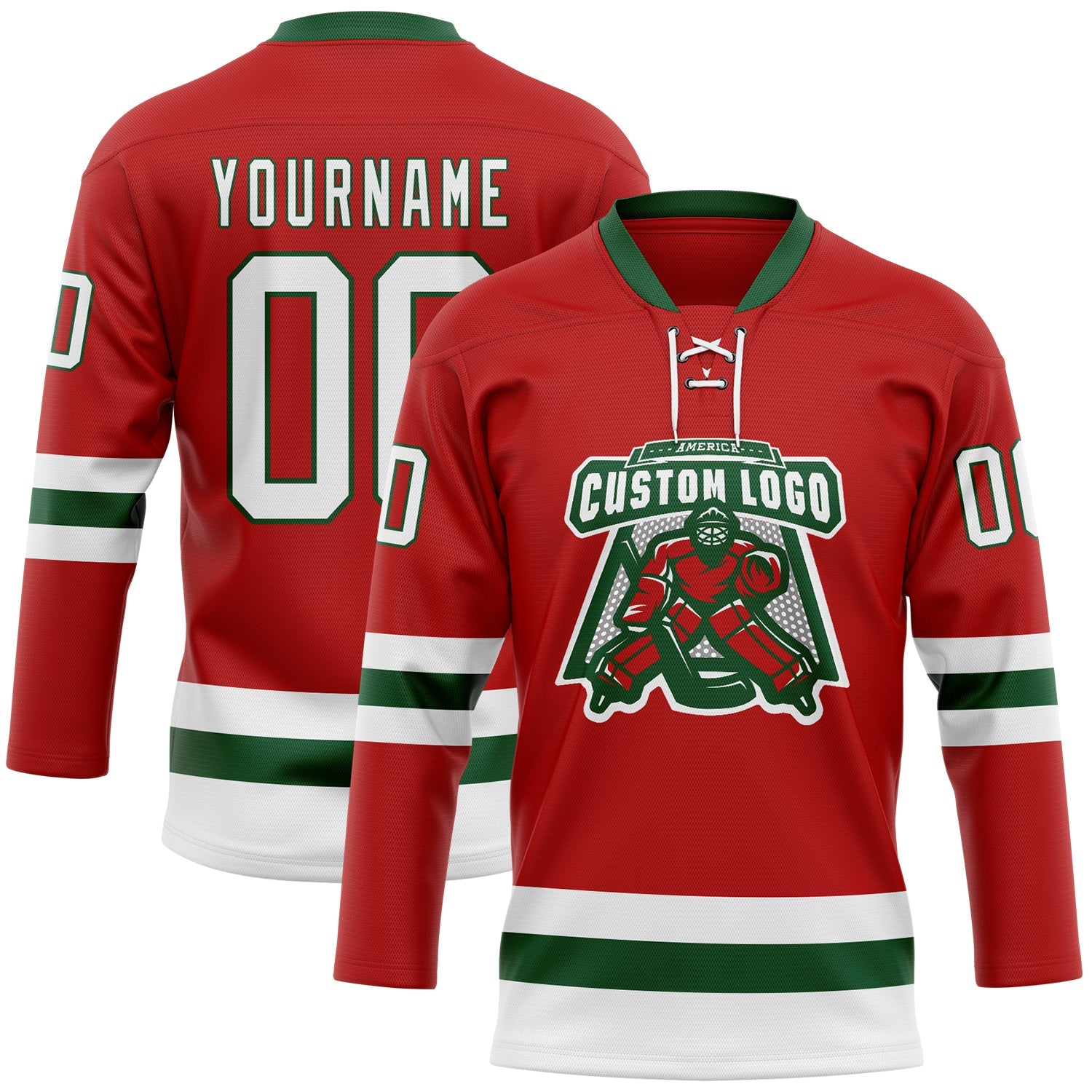Custom Red White-Green Hockey Lace Neck Jersey view 2