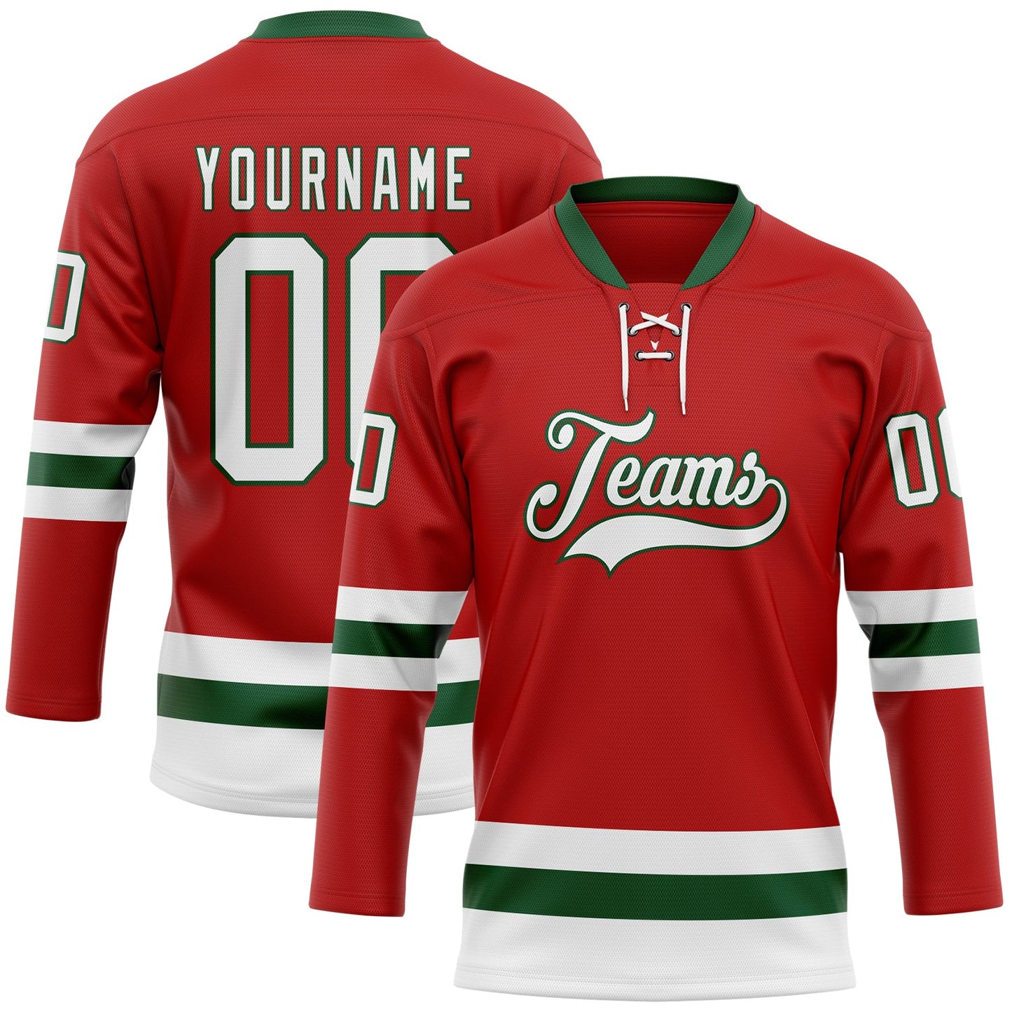 Custom Red White-Green Hockey Lace Neck Jersey - Main View