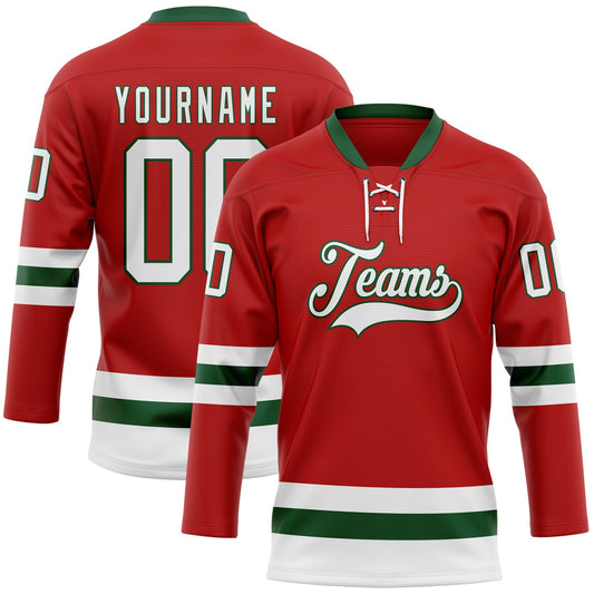 Custom Red White-Green Hockey Lace Neck Jersey - Main View