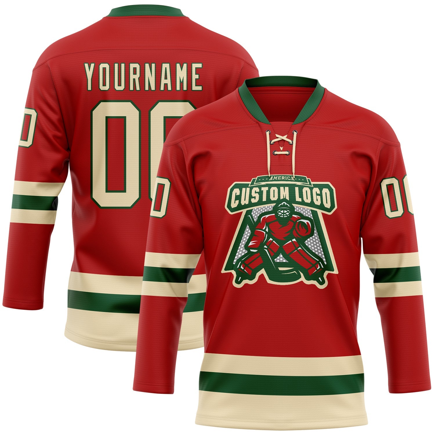 Custom Red Cream-Green Hockey Lace Neck Jersey view 2