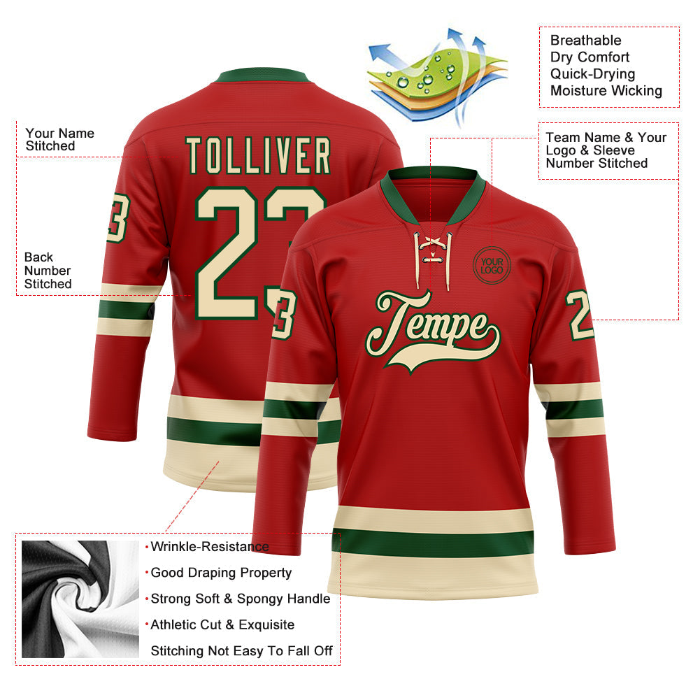 Custom Red Cream-Green Hockey Lace Neck Jersey view 3