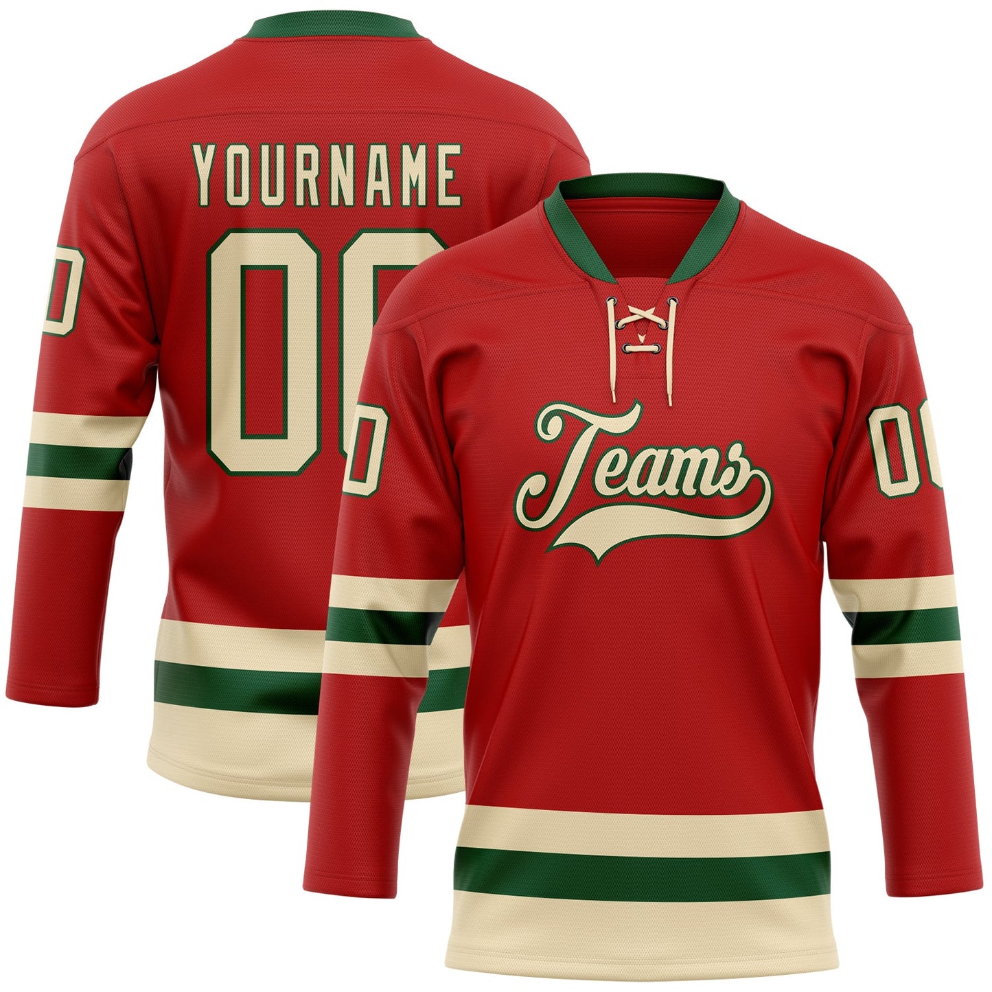 Custom Red Cream-Green Hockey Lace Neck Jersey - Main View