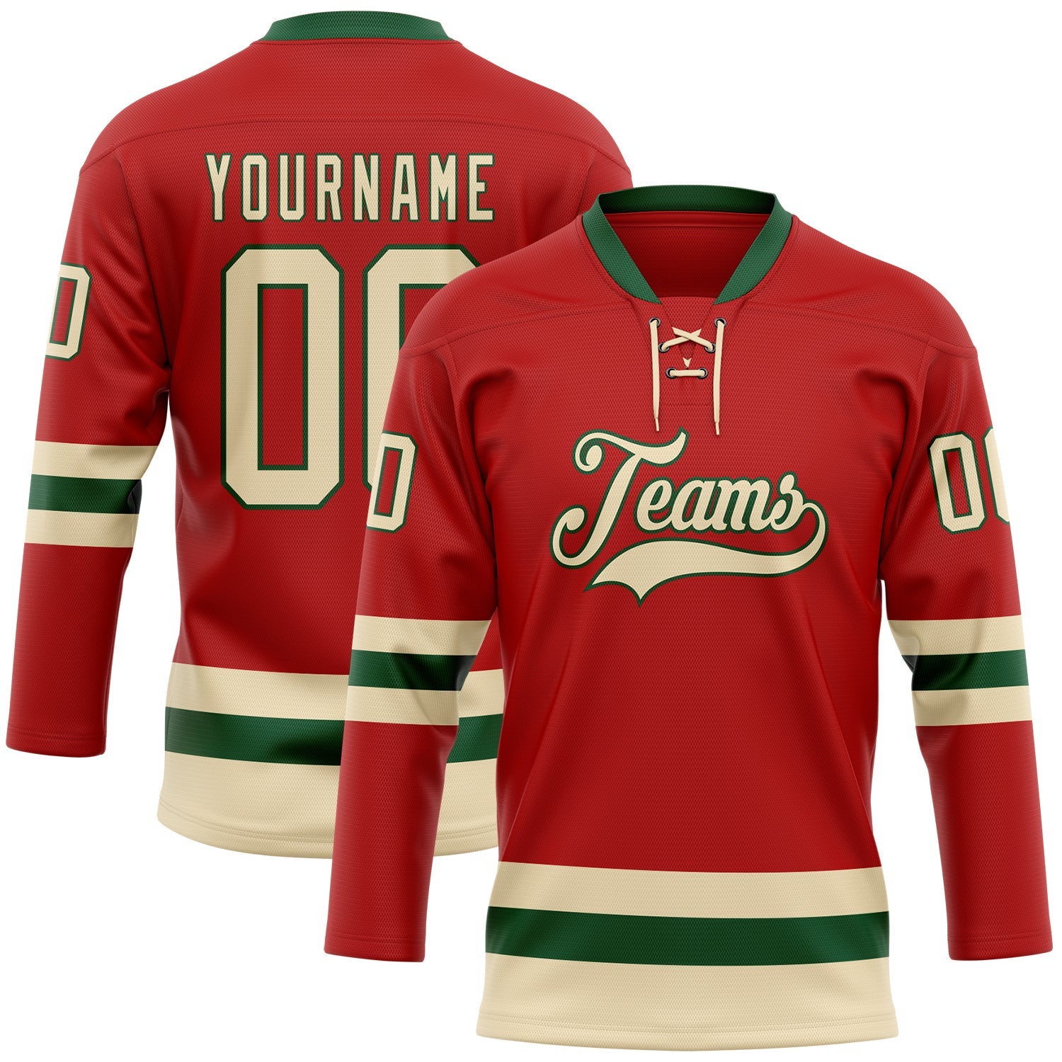 Custom Red Cream-Green Hockey Lace Neck Jersey - Main View