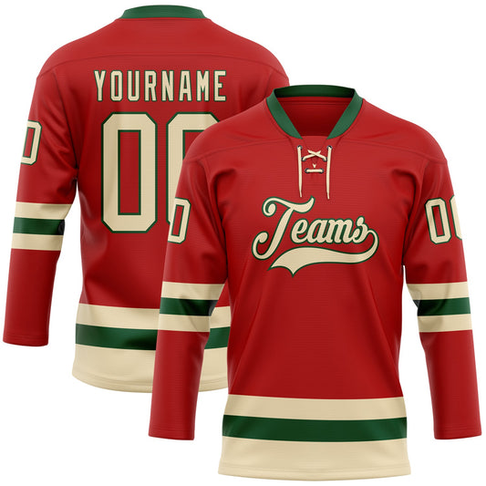 Custom Red Cream-Green Hockey Lace Neck Jersey - Main View