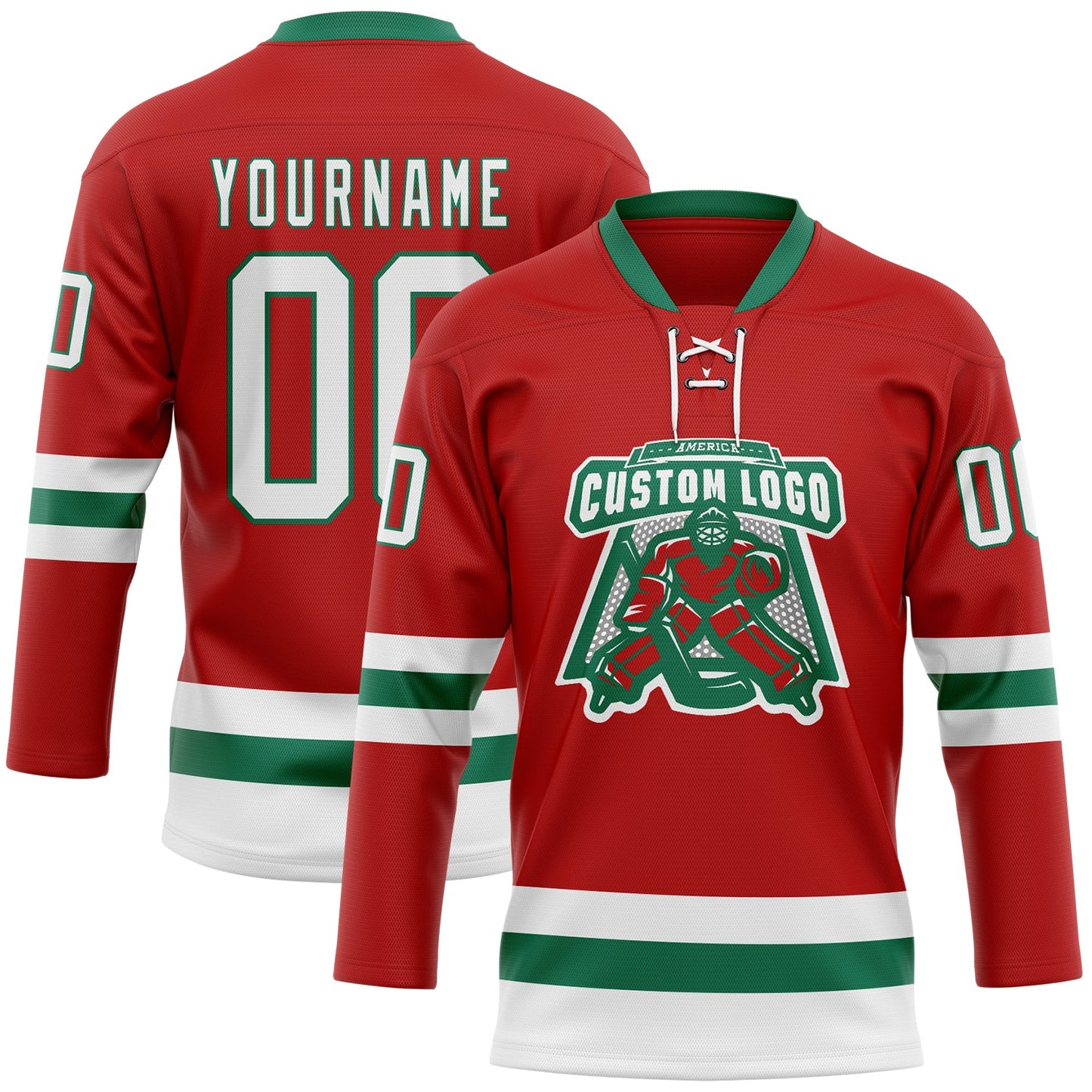 Custom Red White-Kelly Green Hockey Lace Neck Jersey view 2