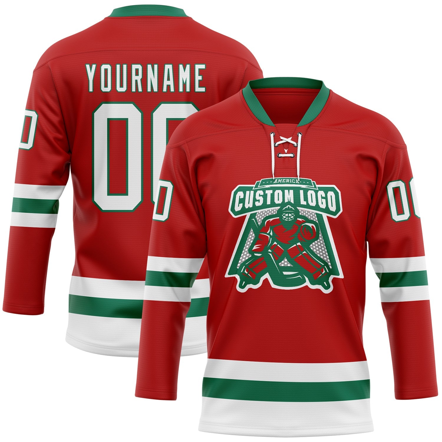 Custom Red White-Kelly Green Hockey Lace Neck Jersey view 2