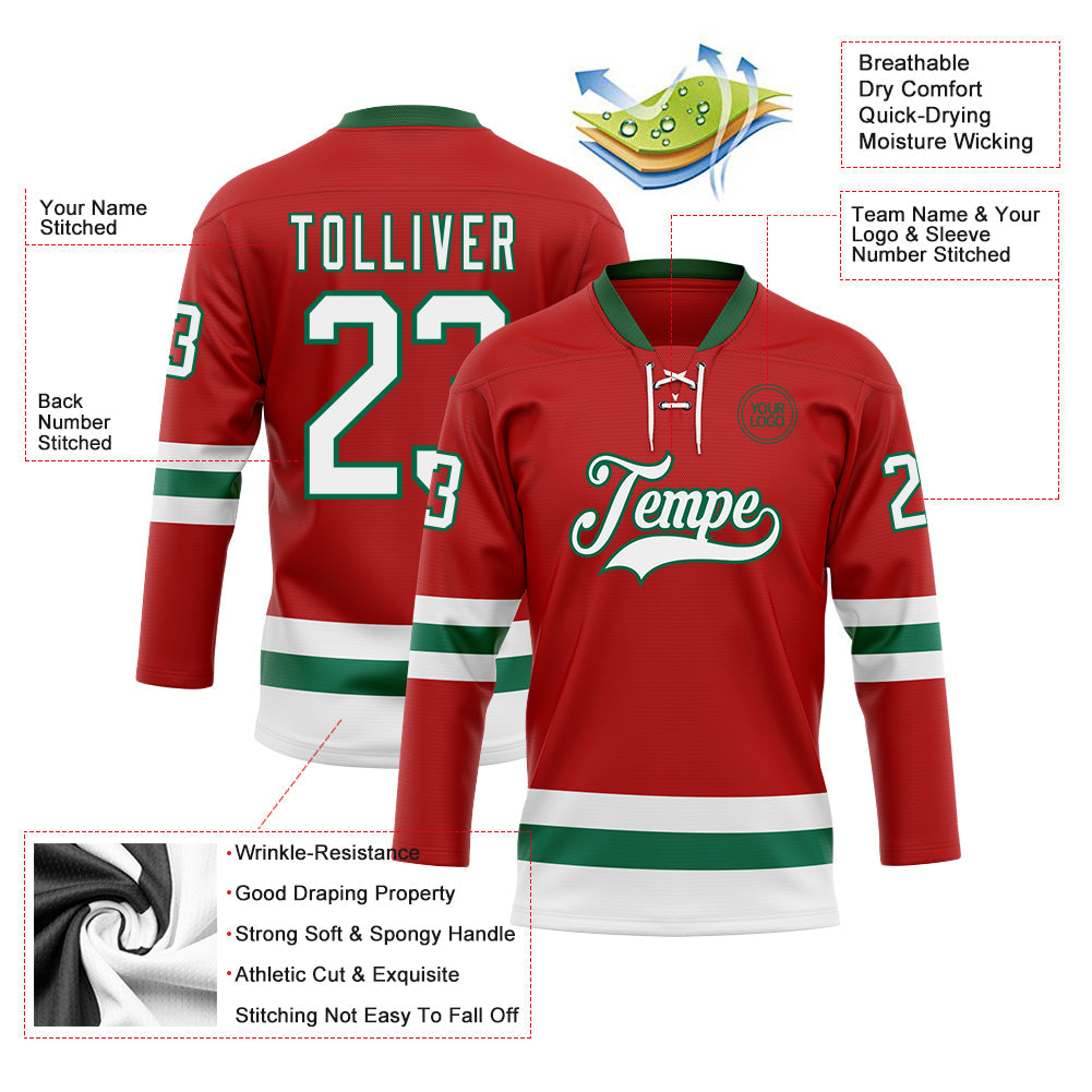 Custom Red White-Kelly Green Hockey Lace Neck Jersey view 3