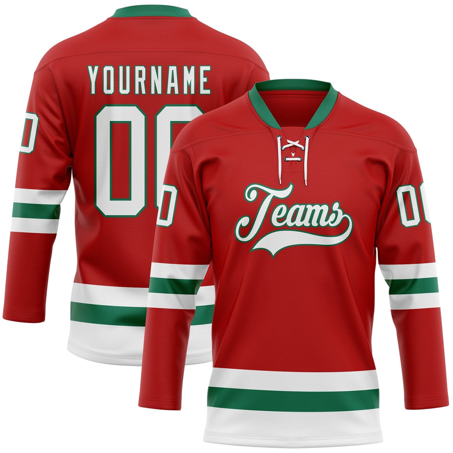 Custom Red White-Kelly Green Hockey Lace Neck Jersey - Main View