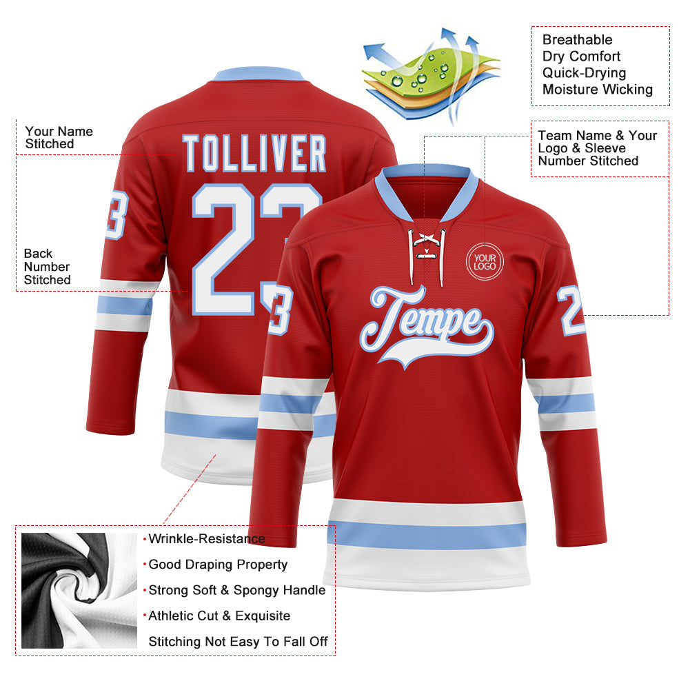 Custom Red White-Light Blue Hockey Lace Neck Jersey view 3