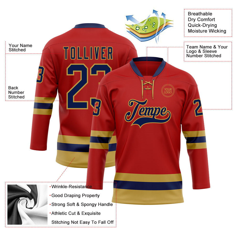 Custom Red Navy-Old Gold Hockey Lace Neck Jersey view 3