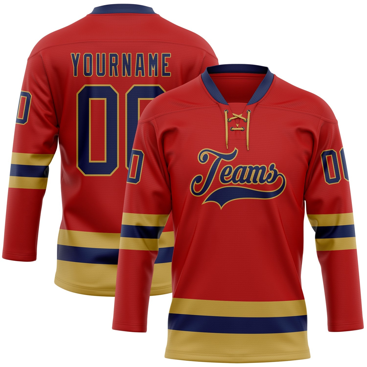 Custom Red Navy-Old Gold Hockey Lace Neck Jersey - Main View