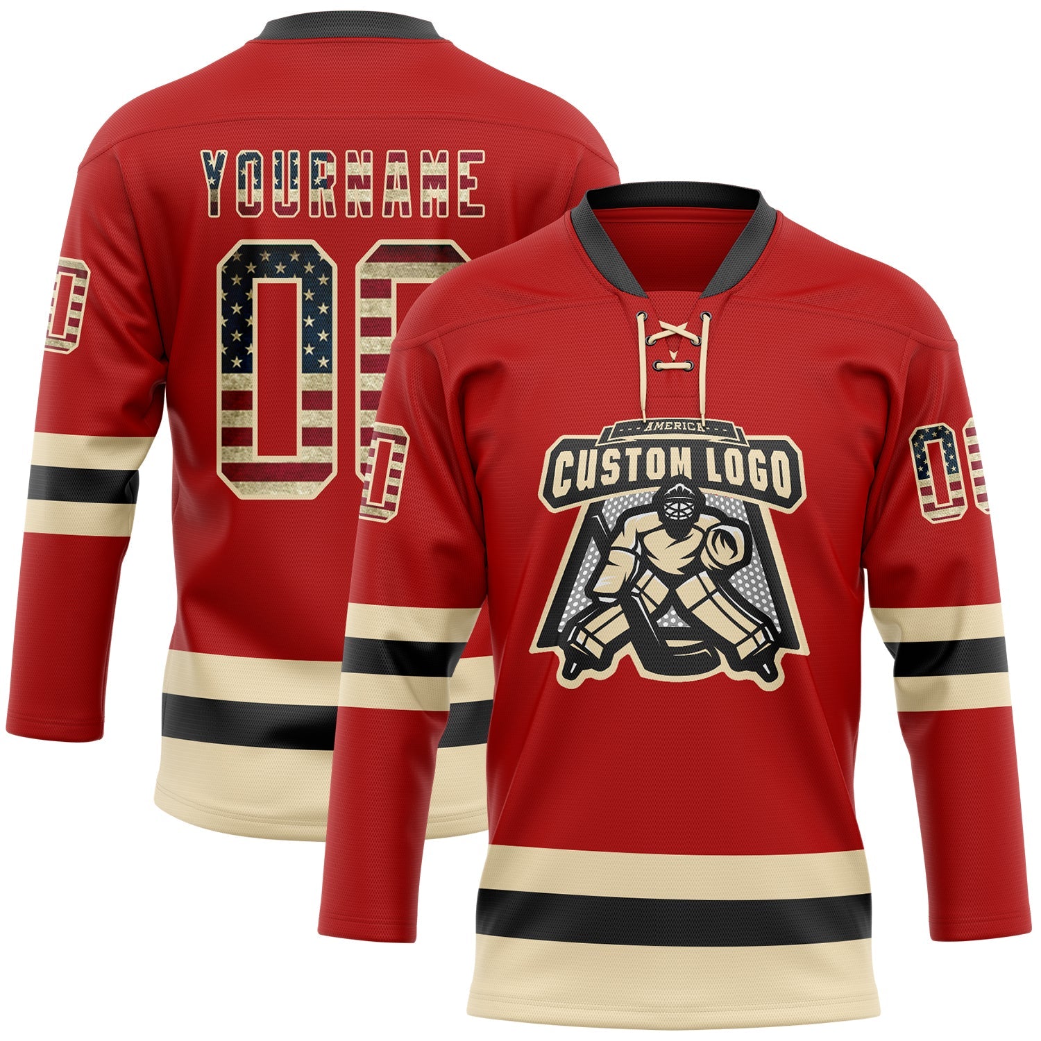 Custom Red Vintage USA Flag Cream-Black Hockey Lace Neck Jersey view 2