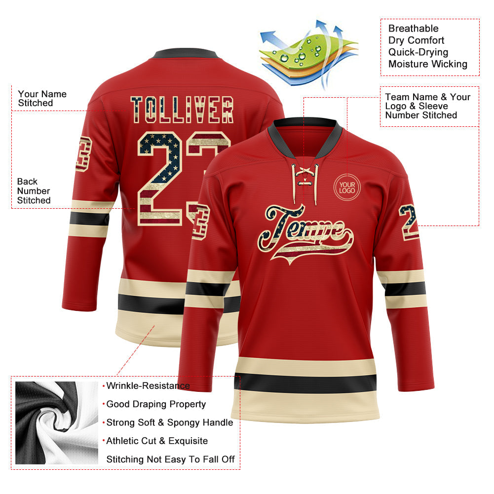 Custom Red Vintage USA Flag Cream-Black Hockey Lace Neck Jersey view 3