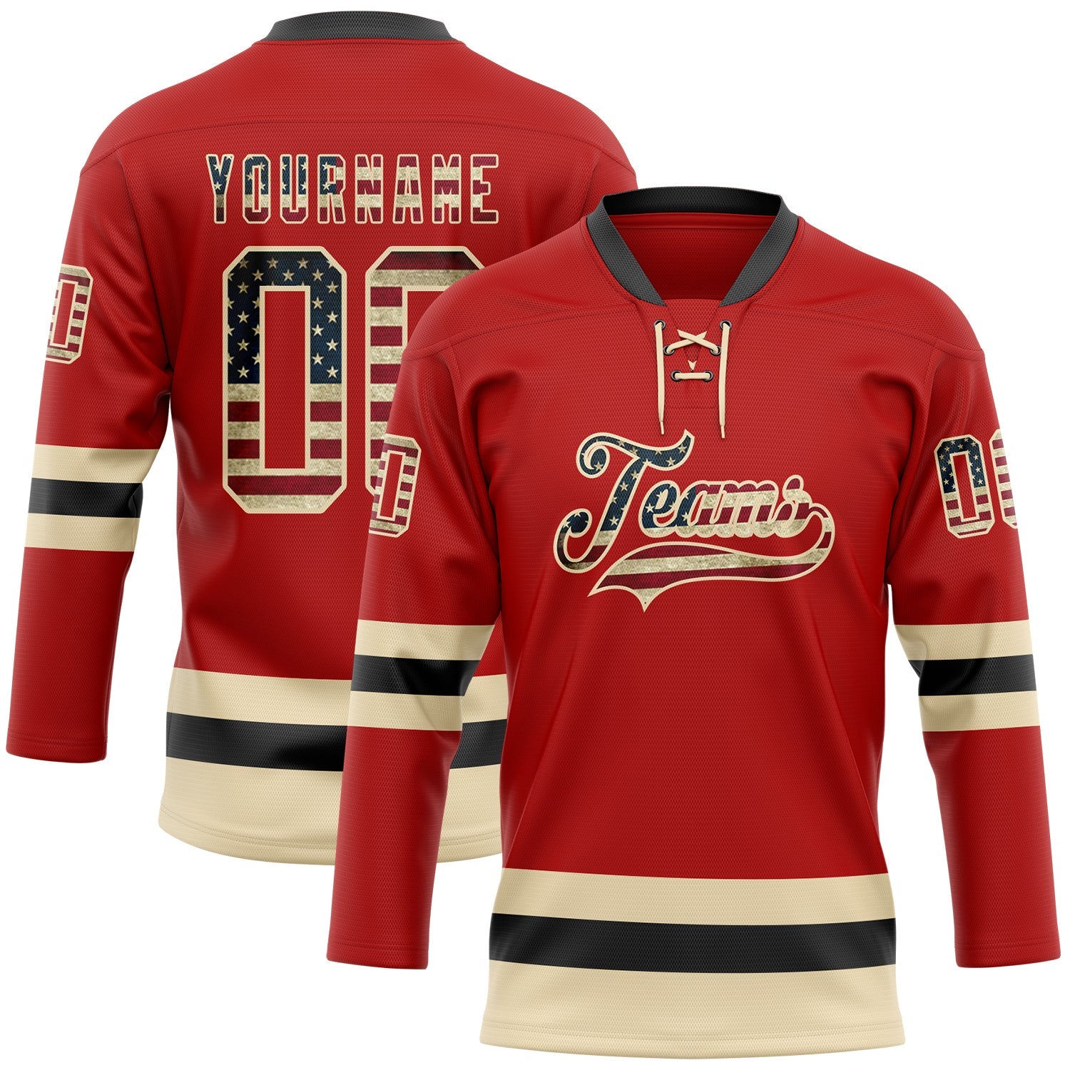 Custom Red Vintage USA Flag Cream-Black Hockey Lace Neck Jersey - Main View